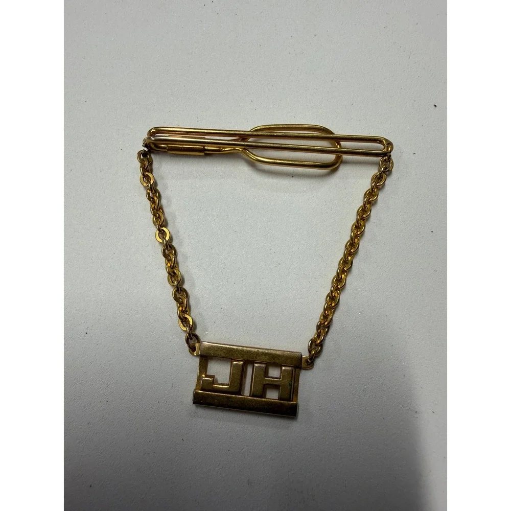 Vintage JH Monogram Tie Bar Chain Gold Tone Initial Mens Formal Accessory